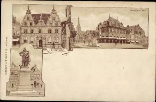 Lithographie Hoorn Nordholland Niederlande, Rooden Steen, Denkmal