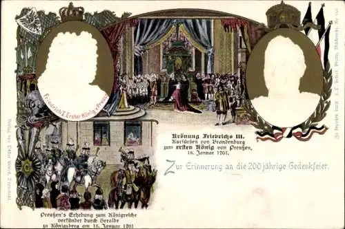 Ganzsachen Präge Litho Krönung Friedrichs III, Kaiser Wilhelm II., Preußens Erhebung zum Königreich
