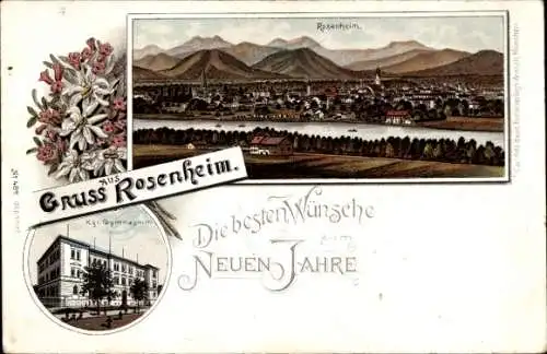 Litho Rosenheim Oberbayern, Gesamtansicht, Königliches Gymnasium