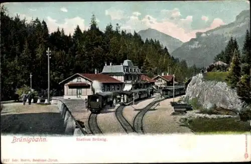 Ak Hasliberg Kt. Bern Schweiz, Brünnigbahn, Station Brünig, Bahnhof