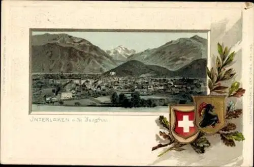 Präge Passepartout Wappen Litho Interlaken Kt. Bern Schweiz, Panorama, Jungfrau