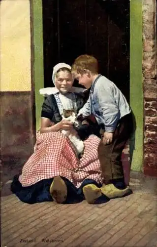 Ak Walcheren Zeeland, Volkstrachten, Katze