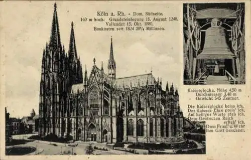 Ak Köln am Rhein, Dom, Südseite, Kaiserglocke, Gedicht