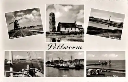 Ak Insel Pellworm Nordfriesland, Norder Mühle, Alte Kirche, Leuchtturm, Hafeneinfahrt, Hafen, Fähre