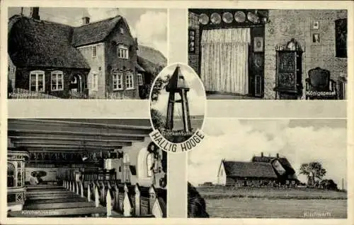 Ak Hallig Hooge in Nordfriesland, Königspesel, Kirchwarft, Glockenturm, Innenraum der Kirche