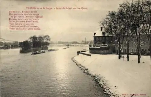 Ak Vernon Eure, unter dem Schnee, Sonnenaufgang auf den Kais