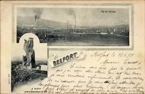 Ak Belfort Beffert Beffort Territoire de Belfort, vue des Fabriques, La Miotte apres le bombardement