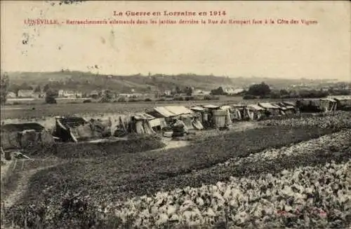 Ak Luneville Meurthe et Moselle, Deutsche Verschanzungen in den Gärten, Krieg in Lothringen 1914