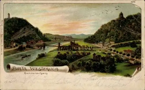 Ak Porta Westfalica an der Weser, Panorama, Sonnenaufgang