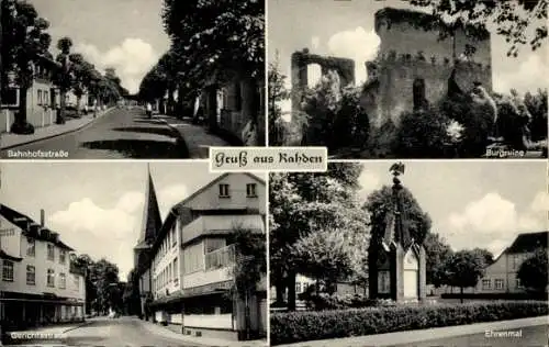 Ak Rahden in Westfalen, Bahnhofstraße, Burgruine, Gerichtsstraße, Ehrenmal