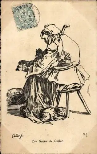 Künstler Ak Katzen und eine alte Frau auf einem Hocker sitzend