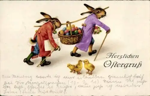 Ak Glückwunsch Ostern, Osterhasen, Ostereier, Küken