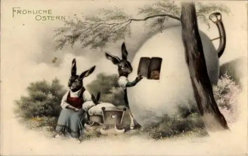Ak Glückwunsch Ostern, Osterhasenfamilie, Ei, Haus