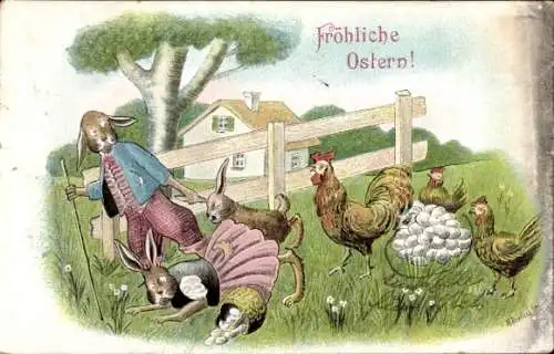 Litho Glückwunsch Ostern, Osterhasen, Hühner, Eier