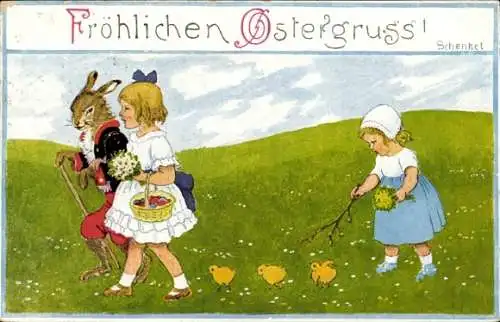 Künstler Ak Schenkel, F., Glückwunsch Ostern, Osterhase, Küken, Kinder