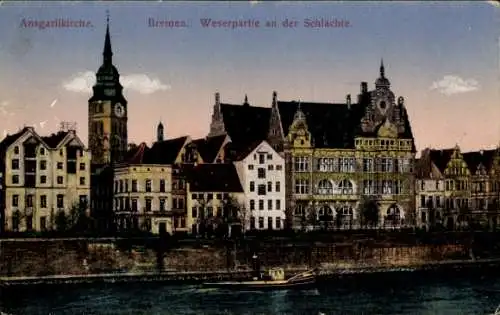Ak Hansestadt Bremen, Weser an der Schlachte, Ansgariikirche