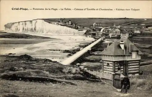 Ak Criel-sur-Mer Seine Maritime, Panorama des Strandes, Tal