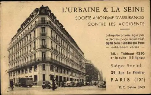 Ak Paris IX., L'Urbaine et la Seine, Societe Anonyme d'Assurances contre les Accidents, Le Peletier