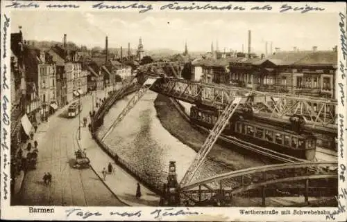 Ak Barmen Wuppertal, Werherstraße, Schwebebahn, Straßenbahn, Brücke