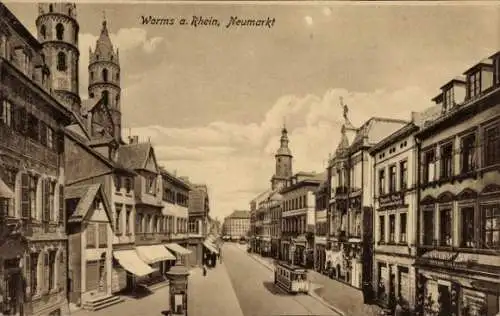 Ak Worms in Rheinland Pfalz, Neumarkt, Geschäft A. Clement, Kaufhaus, Litfaßsäule, Straßenbahn