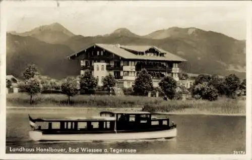 Ak Bad Wiessee in Oberbayern, Landhaus Hanslbauer, Boot, Bergkette