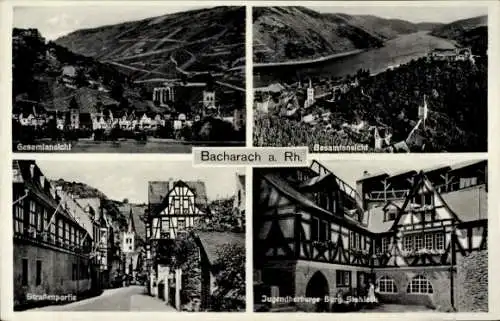 Ak Bacharach am Rhein, Gesamtansicht, Fachwerkhäuser, Jugendherberge Burg Stahleck