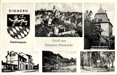 Wappen Ak Simmern im Hunsrück, Schinderhannesturm, Bahnhof, Rottmann Denkmal, Schwimmbad
