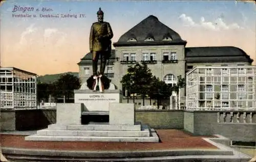 Ak Bingen a. Rhein, Festhalle und Denkmal Ludwig IV.