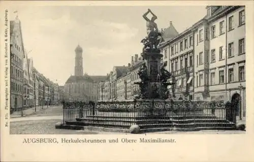 Ak Augsburg in Schwaben, Herkulesbrunnen, Obere Maximilianstraße, Kirchturm