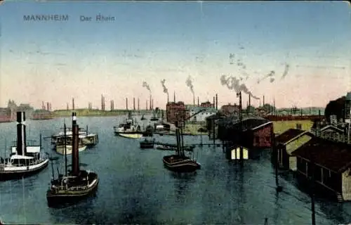 Ak Mannheim in Baden, Rhein, Hafen, Schornsteine, Schiffe