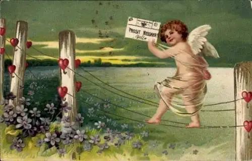 Präge Litho Glückwunsch Neujahr, Engel auf einer Telefonleitung, Herzen, Briefumschlag