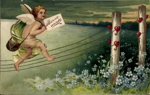 Präge Litho Glückwunsch Neujahr, Liebesengel auf einer Telefonleitung, Herzen