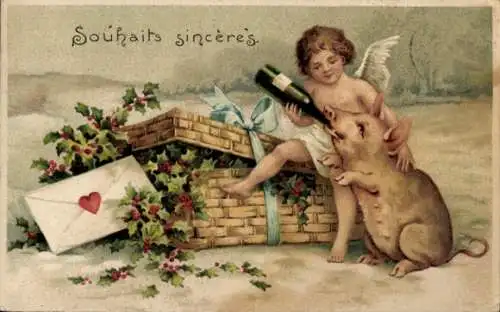 Präge Ak, Sekt, Engel, Stechpalme, Schwein