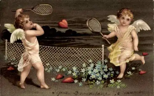 Präge Ak Engel, Tennis, Herzen, Vergissmeinnicht