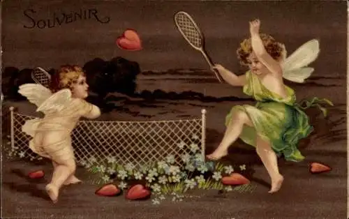 Präge Ak Souvenir, Engel spielen Tennis, Herzen