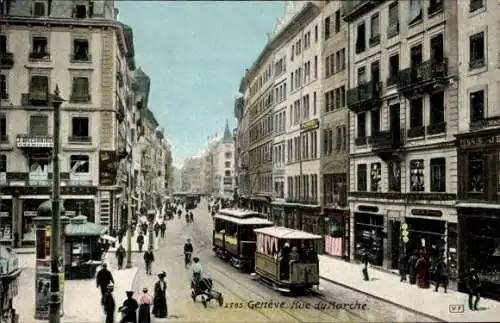 Ak Genève Genf Stadt, Rue du Marché, Straßenbahn