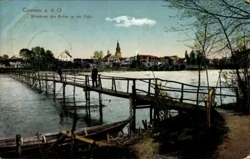 Ak Krosno Odrzańskie Crossen Oder Ostbrandenburg, Mündung des Bober, Holzbrücke