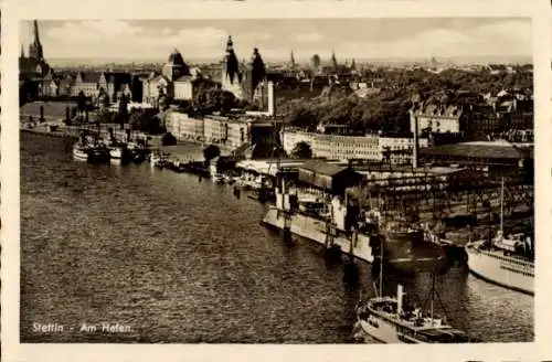 Ak Szczecin Stettin Pommern, Blick auf den Hafen, Hakenterrasse, Werftanlagen