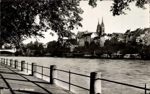 Ak Basel Stadt Schweiz, Rhein mit Münster