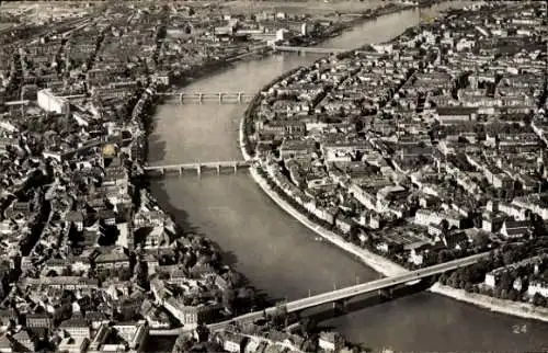 Ak Basel Stadt Schweiz, Fliegeraufnahme, Die vier Rheinbrücken