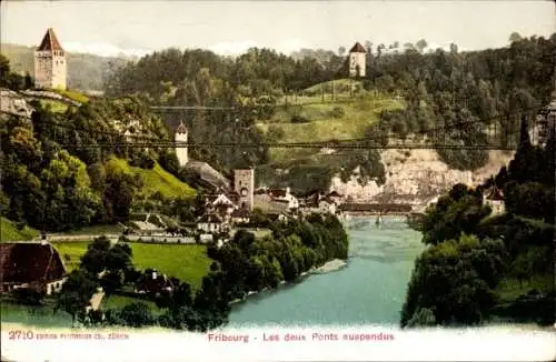 Ak Fribourg Freiburg Stadt Schweiz, zwei Hängebrücken