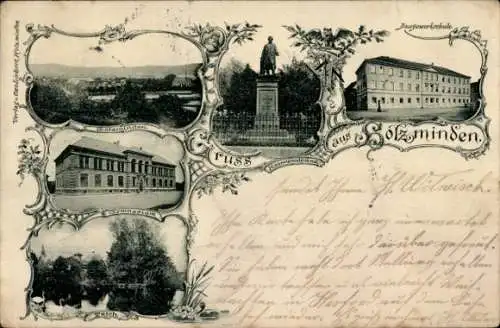 Ak Holzminden an der Weser, Baugewerkschule, Panorama, Denkmal, Teichpartie