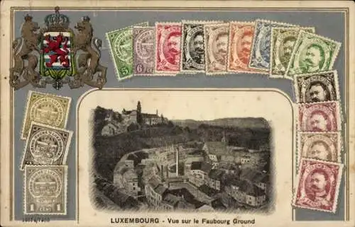Passepartout Briefmarken Wappen Ak, Blick auf das Faubourg-Gelände