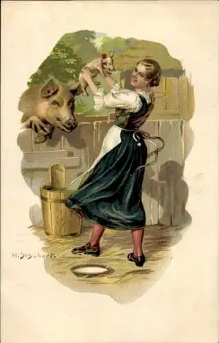 Künstler Ak Schubert, H., Frau tanzt mit einem Schwein, Bauernhof