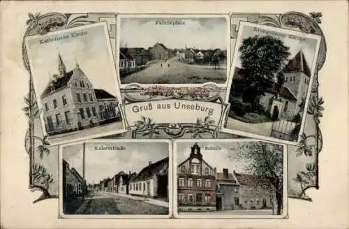 Ak Unseburg an der Bode Salzlandkreis, Kaiserstraße, Schule, Fabrikplatz, Kirchen