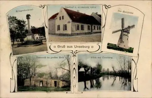 Ak Unseburg an der Bode Salzlandkreis, Windmühle, Kriegerdenkmal, Gasthof zum schwarzen Adler