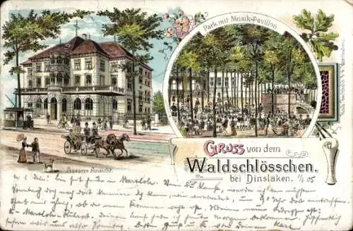 Litho Dinslaken am Niederrhein, Gasthaus Waldschlösschen, Park, Musikpavillon