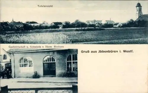 Ak Ibbenbüren im Tecklenburger Land, Totalansicht, Gastwirtschaft und Schmiede, Inh. Herm. Neuhaus