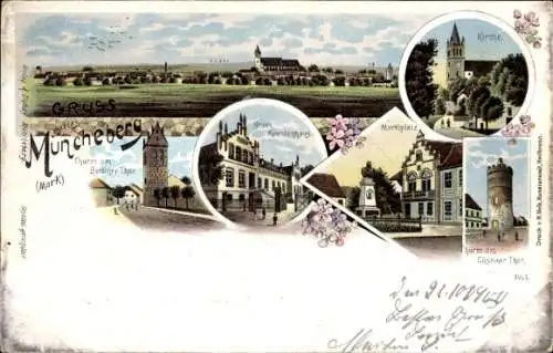 Litho Müncheberg Märkisch Oderland, Neues Krankenhaus, Kirche, Berliner Tor, Küstriner Tor, Türme