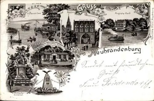 Litho Neubrandenburg in Mecklenburg, Stargarder-Tor, Augusta-Bad, Fritz Reuter-Denkmal